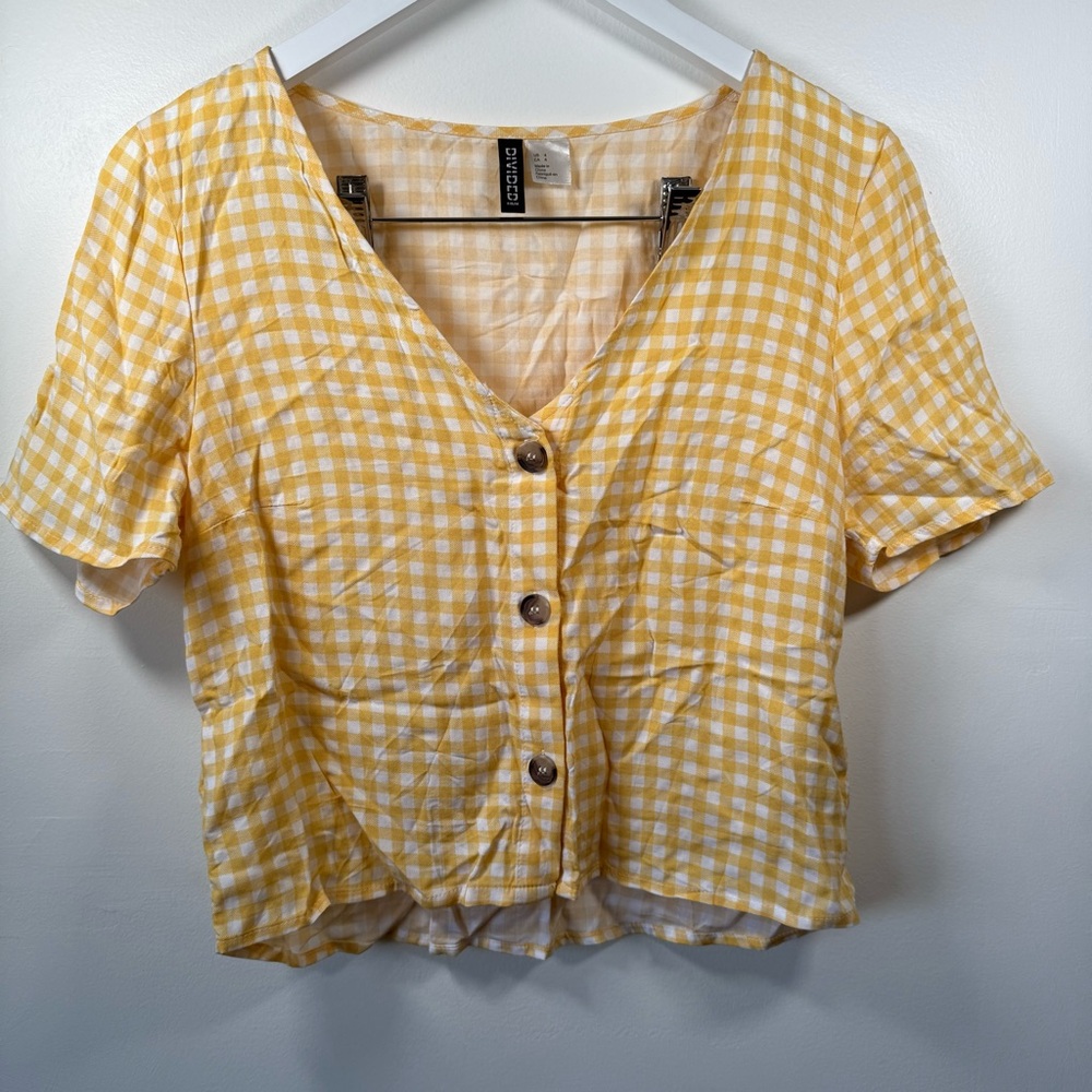 H&M Divided Yellow Gingham Button-Up Top – Size 4 – 100% Viscose